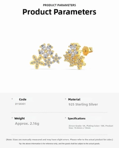 Detail showing 925 sterling silver flower earrings with 18K gold plating and 5A cubic zirconia