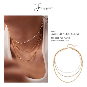 Three-layer 316L stainless steel necklace with pearls and 18K gold PVD plating