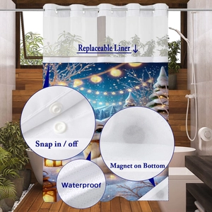 Waterproof waffle shower curtain with snap-in liner and weighted magnets on bottom