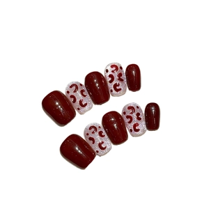 Handmade burgundy and silver glitter press-on nails with crescent pattern set of ten
