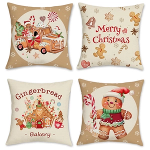 Christmas Cushion Covers Linen Gingerbread Man Pattern Decorative Square Pillowcase For Sofa Home Holiday Decor