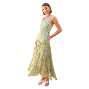 Floral halter neck sleeveless maxi dress in green with pink floral print and A-line cut