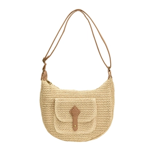 Chic beige straw woven half-moon crossbody bag with brown PU leather pocket detail