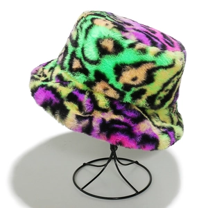 Chic multi-color faux fur bucket hat with bold leopard pattern for winter fashion