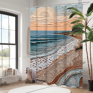 Abstract beach waves shower curtain with 3D embossed lace texture for bathroom decor