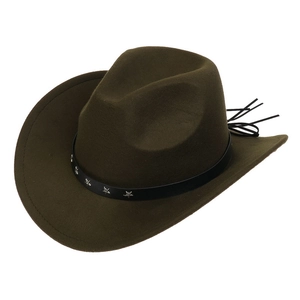 Detail of olive green cowboy hat with silver star studs and black decorative band