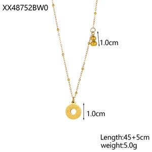 Detail view of gold necklace with Chinese lucky pattern charm and gourd pendant, 45cm length