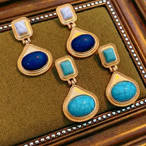Vintage Oval Resin Drop Earrings Gold Alloy With Silver Earring Post Retro Geometric Luxury Style For Women