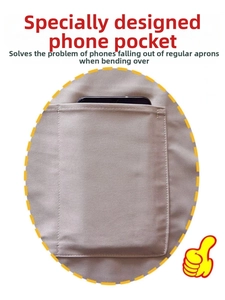 Detail shot of khaki waterproof apron featuring a dedicated large smartphone storage pocket