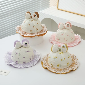 Baby sun hats with fruit embroidery and lace trim in four colors for infant girls