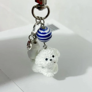 Cute white plush puppy keychain with blue striped bead and silver metal ring for bags