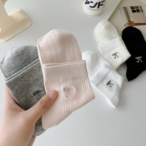 Women's cotton knit socks with ribbon bow embroidery in white, pink, and grey