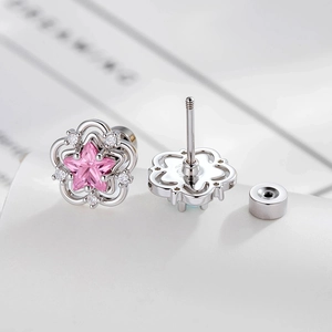French vintage style flower ear studs with pink star zircon in silver metal finish