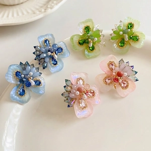 Boucles Oreilles Fleur Avec Pétales Résine Strass Künstliche Perle Imitation Et Silver Earring Post Bijoux Élégants Pour Femmes