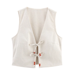 Gilet chic in cotone lino beige con scollo a V e nappe con perline di legno