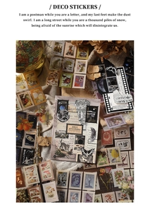 Macro view of vintage postage stamp deco stickers with retro globes and flora designs