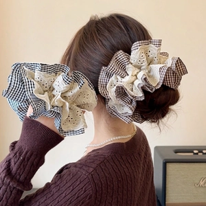 Large Plaid Lace Scrunchie Vintage French Style Checkered Fabric Hair Tie Elastic Ponytail Holder For Women Elegant