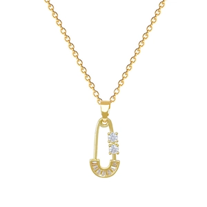 Luxury gold titanium steel safety pin necklace with zircon stones on white background