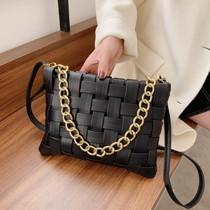 Woven PU Leather Shoulder Bag With Gold Chain Niche Design Handbag Crossbody Square Messenger For Women Elegant