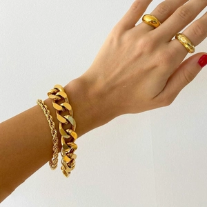 Σετ ανδρικό βραχιόλι Miami Cuban 18K επίχρυσο και μινιμαλιστικά δαχτυλίδια σε πανκ στυλ