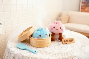 Close-up of cute plush bun pendants in a steamer with delicate facial embroidery