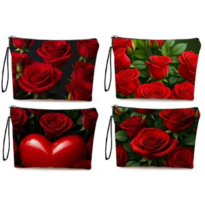 Red Rose Floral Makeup Bag Linen Cosmetic Organizer With Zipper And Wrist Strap Travel Toiletry Pouch Daily Handbag