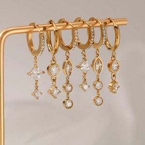 Stainless Steel Cubic Zirconia Dangling Hoop Earrings Waterproof PVD Gold Plated French Style Elegant Jewelry For Women