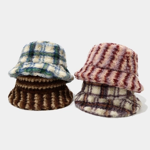 Chapeau Cloche Femme Peluche Fausse Fourrure Hiver Chaud Doux Motif Carreaux Rayures Décontracté Extérieur Pêcheur Élégant