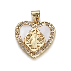 Close-up of heart-shaped gold-plated pendant with mother of pearl and crystal details