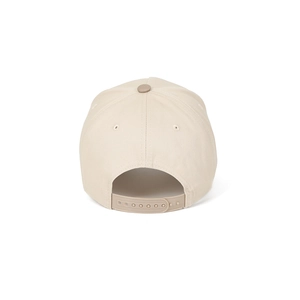 Back view of beige five-panel snapback hat with adjustable strap and cotton twill texture