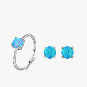 Bijoux Géométriques Minimalistes En Argent Sterling 925 Bague Et Boucles Oreilles Clous Opale De Feu Bleue Ronde
