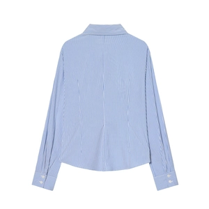 Back view of blue and white vertical striped long sleeve slim fit shirt with turn-down collar