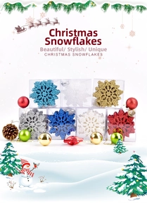Close-up of glittery plastic Christmas snowflake ornaments in assorted colors and boxes