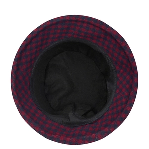 Winter wool bucket hat with red black plaid pattern and warm fleece lining
