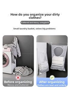 Wall-mounted mesh laundry bag set showing before and after bathroom organization