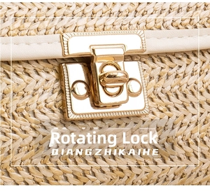 Detail view of woven straw bag featuring vintage gold metal turn-lock closure