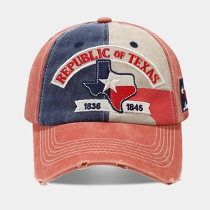Detail of Republic of Texas embroidery and distressed brim on vintage baseball cap