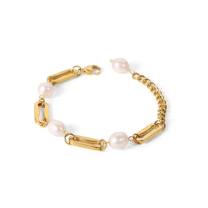 18k gold plated stainless steel paperclip chain bracelet with baroque pearls for women