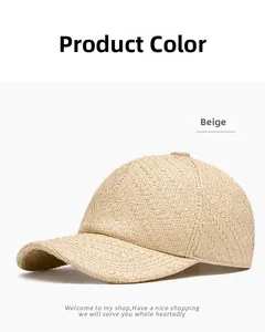 Close-up of breathable beige straw woven baseball cap showing detailed texture
