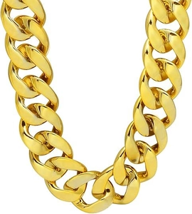 Close-up detail of a shiny gold Cuban link chain necklace with intricate metal links