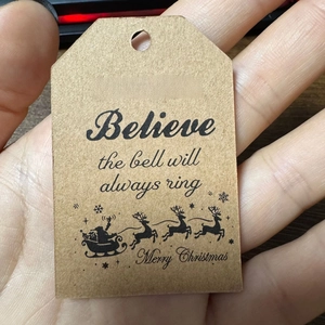 Detail of Christmas Believe paper tag with black lettering and festive holiday illustration