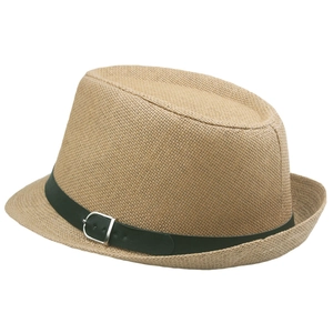 Detail of a straw fedora hat featuring a dark green leather band and silver buckle closure