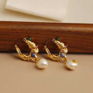 Vintage French baroque earrings with colorful gemstones and white pearl pendants