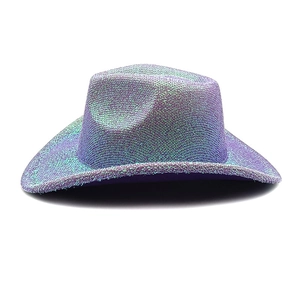 Close-up of iridescent sequins on a western cowboy hat with purple and blue gradients