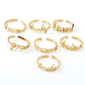 Adjustable 18K gold-plated stainless steel rings set with motivational letter designs