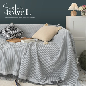Waffle Weave Sofa Cover Cotton Knit Throw Blanket With Tassels Nordic Style Furniture Protector Slipcover Double Sided