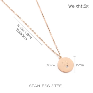 Rose gold stainless steel coin necklace with Good Luck engraving and zircon stone