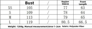 Detailed size chart for faux leather jacket including bust and sleeve measurements in cm