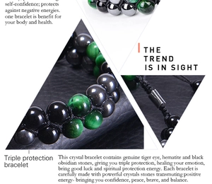 Detail of triple protection bracelet featuring tiger eye, hematite and black obsidian beads