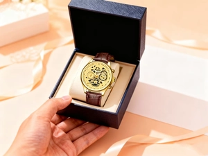 Detail view of skeleton watch with brown leather strap in a blue gift box